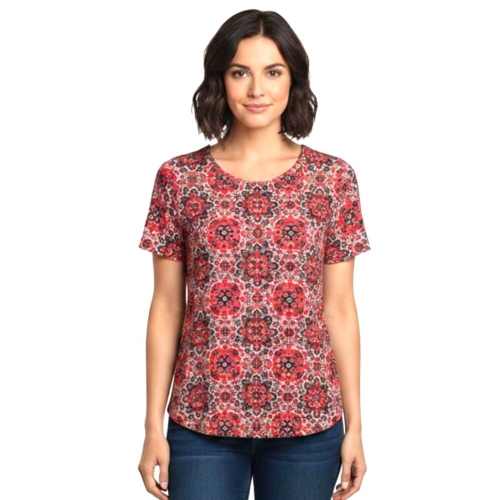 J. Crew Red & Black Abstract Floral Print Short Sleeve Blouse Size Small